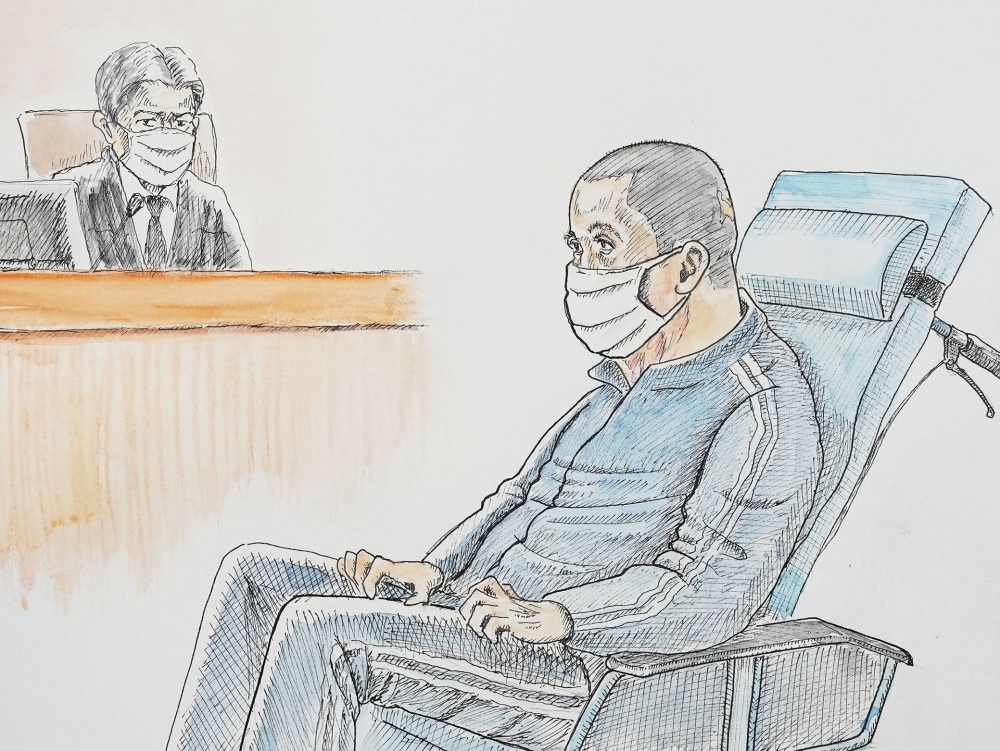A courtroom sketch shows Shinji Aoba at the Kyoto District Court on Thursday. 