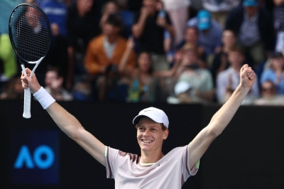 Jannik Sinner celebrates after his win over Novak Djokovic in the Australian Open semifinals in Melbourne on Friday.