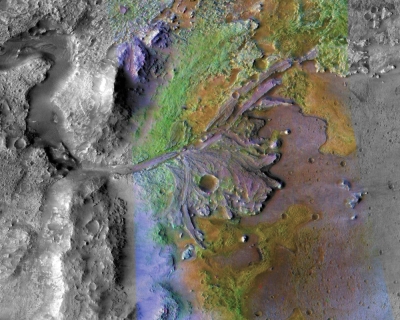 Fans and deltas formed by water and sediment are seen in the Jezero Crater on Mars in this false color image taken by NASA's Mars Reconnaissance Orbiter and published in May 2019. 