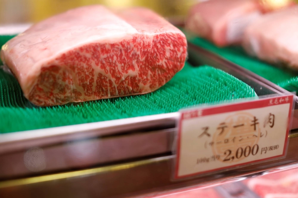 Wagyu beef at a butcher shop in Osaka. In Japan, meat intake is lower than in many other countries — per capita beef consumption is 7.7 kilograms per year, compared with an OECD average of 14.4 kg.