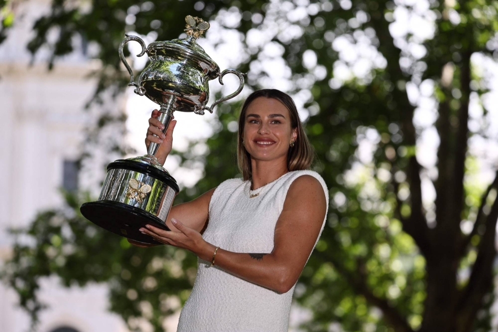 Aryna Sabalenka with the winner's trophy on Sunday, a day after she defended her Australian Open title. 