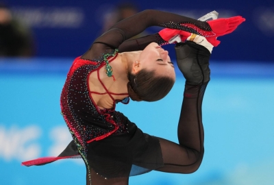 Kamila Valieva of the Russian Olympic Committee competes during the 2022 Beijing Olympics. 