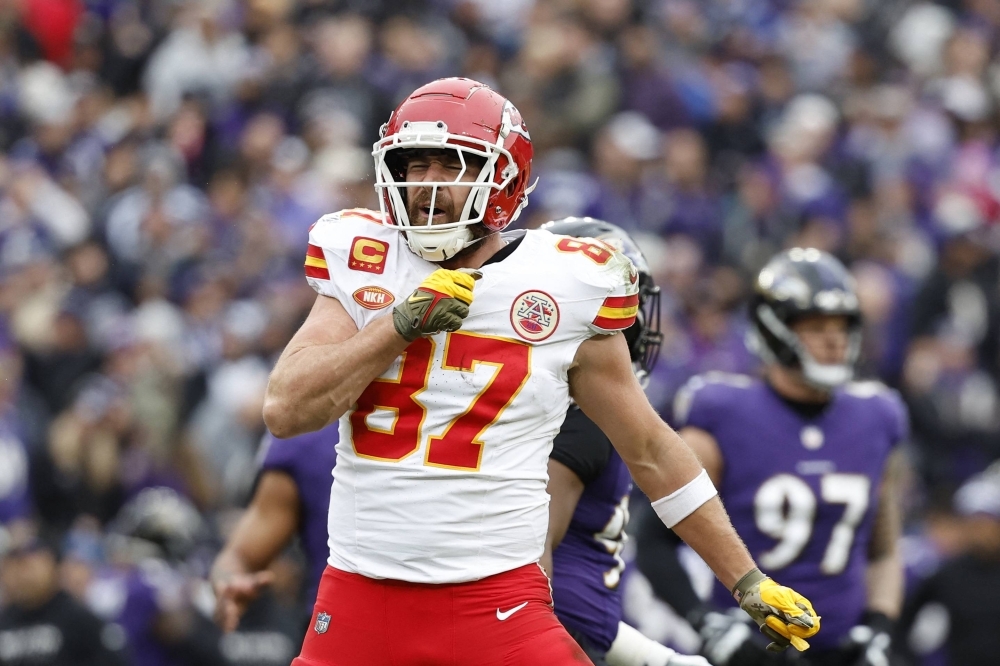 Chiefs tight end Travis Kelce celebrates after scoring a touchdown against the Ravens during the AFC title game in Baltimore, Maryland, on Sunday.