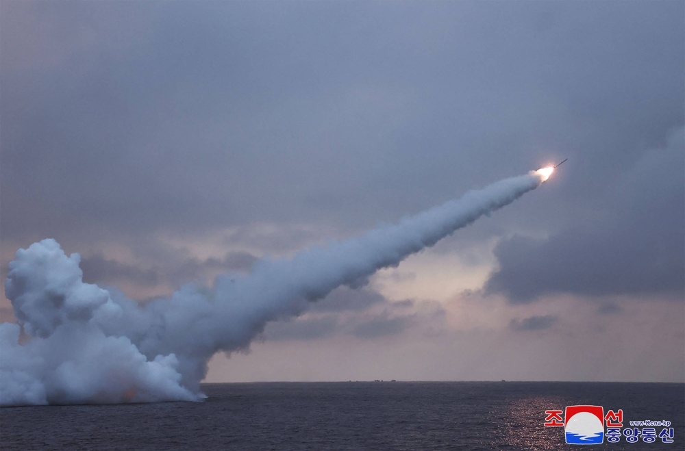 A test-firing of the submarine-launched cruise missile Pulhwasal-3-31 at an undisclosed location in North Korea on Sunday.