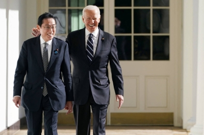 U.S. President Joe Biden and Prime Minister Fumio Kishida at the White House in Washington in January 2023. Some Japanese businesses are keenly waiting for the results of the U.S. presidential election in November.