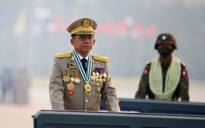 Myanmar's junta chief Senior General Min Aung Hlaing, who ousted the elected government in a coup on Feb. 1, 2021, presides over an army parade on Armed Forces Day in Naypyitaw, Myanmar, on March 27, 2021. 