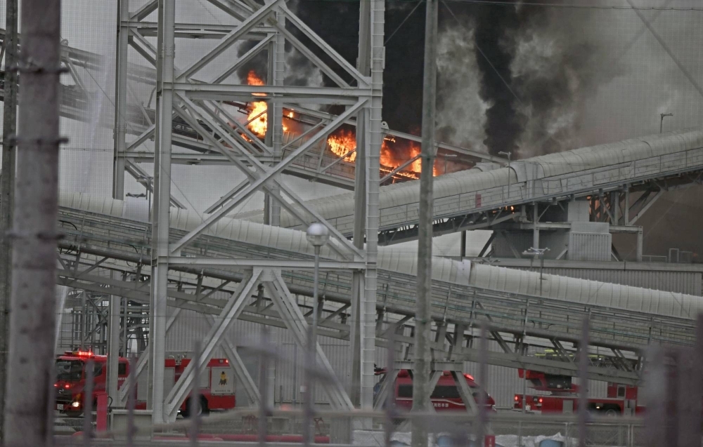 Fire and smoke are seen at Jera's Taketoyo thermal power plant in Taketoyo, Aichi Prefecture, following an explosion on Wednesday.