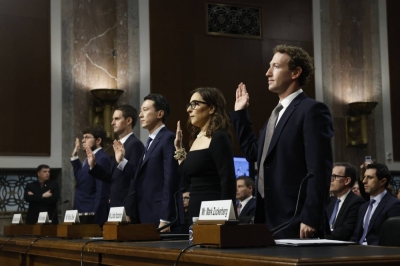 Jason Citron, Evan Spiegel, Shou Zi Chew, Linda Yaccarino and Mark Zuckerberg are sworn in as they testify before the Senate Judiciary Committee in Washington on Wednesday.