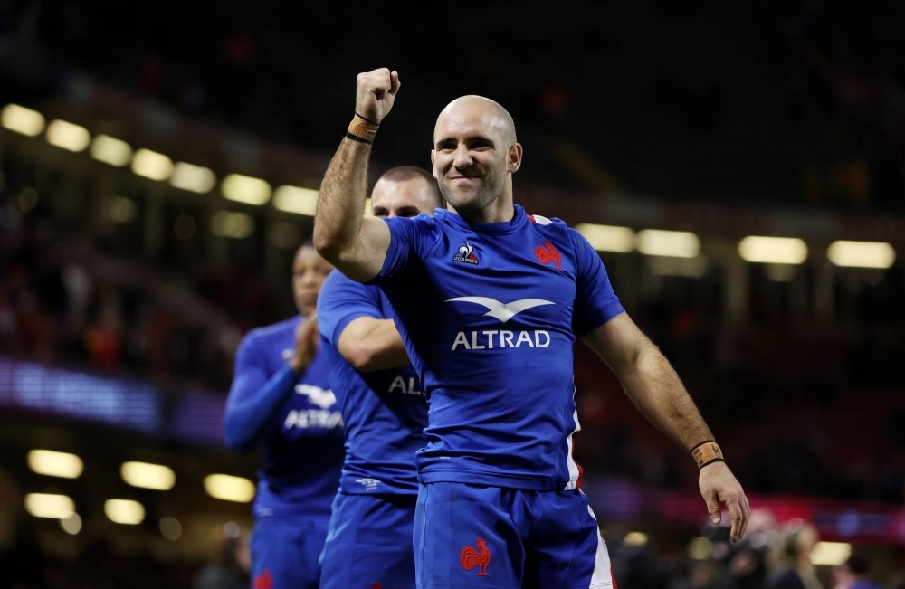 Maxime Lucu celebrates after France's win over Wales during the Six Nations tournament in March 2022.