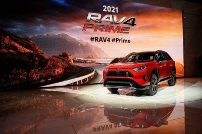 Toyota's hybrid RAV4 Prime at an auto show in Los Angeles in 2019