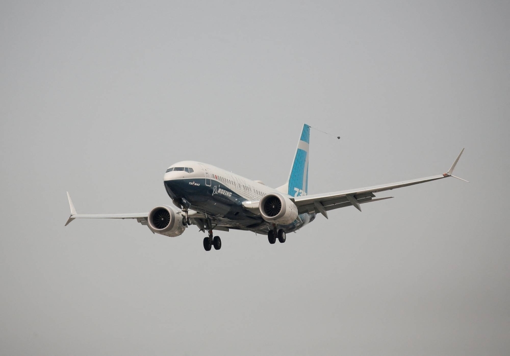 A Boeing 737 Max 7 during an FAA evaluation flight at Boeing Field in Seattle in September 2020