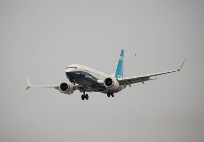 A Boeing 737 Max 7 during an FAA evaluation flight at Boeing Field in Seattle in September 2020
