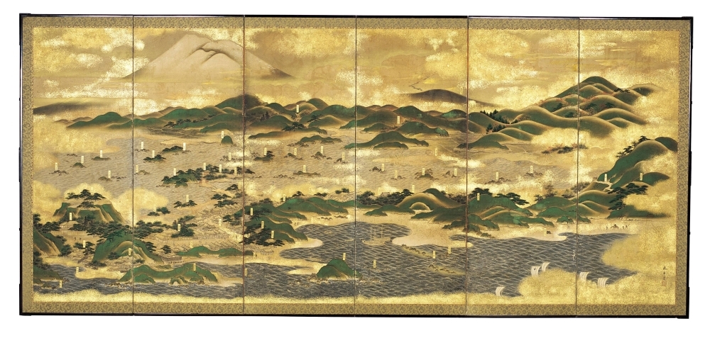 A painting on a byobu (folding screen) depicting Kisakata before the earthquake. 