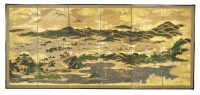 A painting on a byobu (folding screen) depicting Kisakata before the earthquake.  | Courtesy of Kisakata Folk Museum
