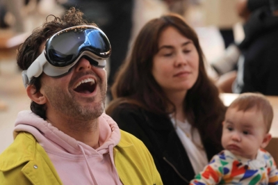 A customer tries his Vision Pro at the launch of the product at a store in Los Angeles on Friday. 