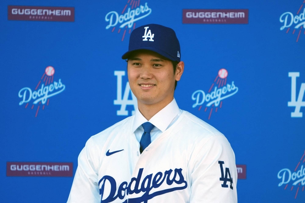 Shohei Ohtani at his introductory news conference at Dodger Stadium in December