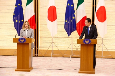 Italian Prime Minister Giorgia Meloni and Prime Minister Fumio Kishida speak after a Japan-Italy bilateral meeting at the Prime Minister's Office in Tokyo on Monday.