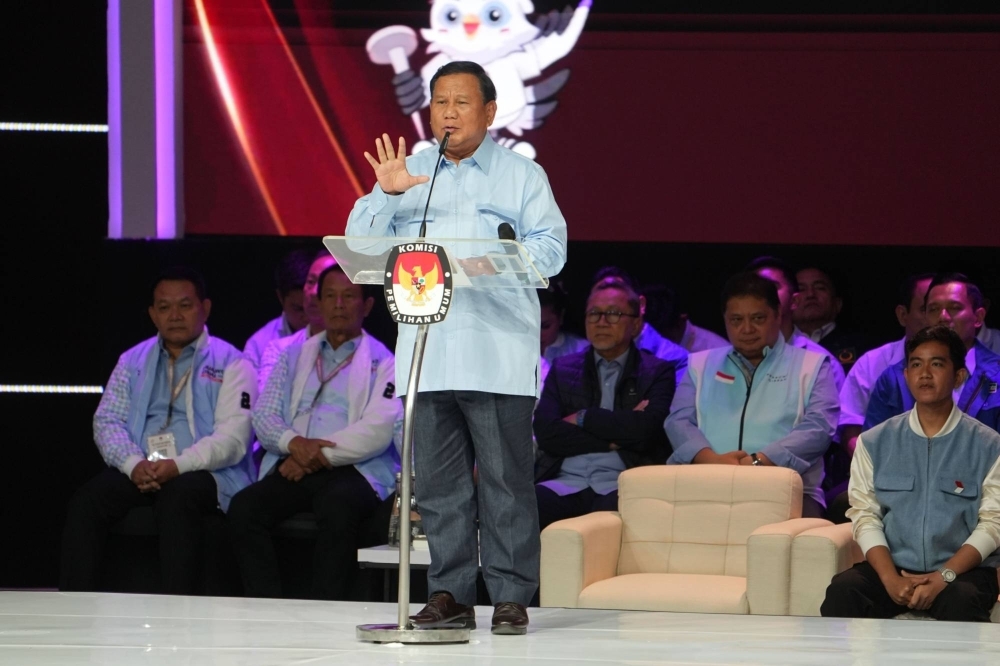 Prabowo Subianto, presidential candidate and Indonesia's defense minister, speaks during the final presidential debate in Jakarta on Sunday. More than 204 million Indonesians will vote on Feb. 14 to elect new leaders who will shape Southeast Asia's largest economy for the next five years.