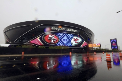 Allegiant Stadium in Las Vegas, where Super Bowl 58 will be held on Sunday. The city is promising a spectacle around the Kansas City Chiefs and San Francisco 49ers showdown.