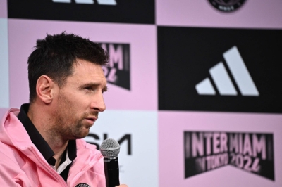 Inter Miami forward Lionel Messi speaks during a press conference at a hotel in Tokyo on Tuesday, a day before his team faces Vissel Kobe in a friendly match.