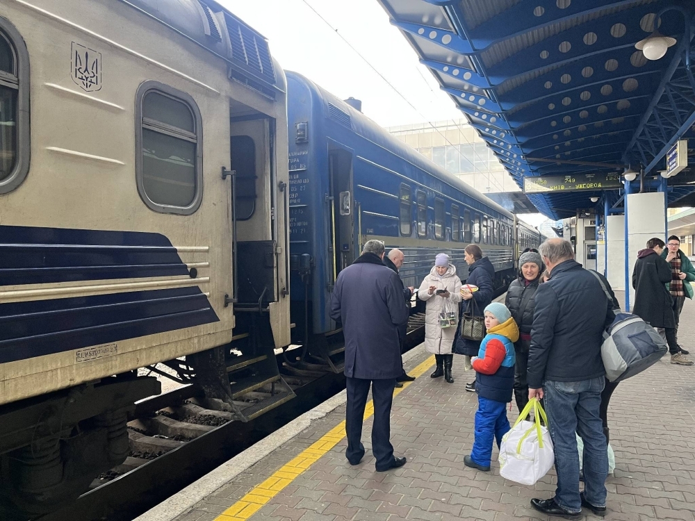 Ukrainian Railway trains at the central railway station of Kyiv on Sunday