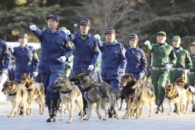 Members of the police dog units of the Tokyo Metropolitan Police Department take part in a New Year march in Tokyo in January 2023.