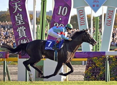 Equinox, ridden by Christophe Lemaire, wins the autumn Tenno Sho horse race on Oct. 29 at Tokyo Racecourse.