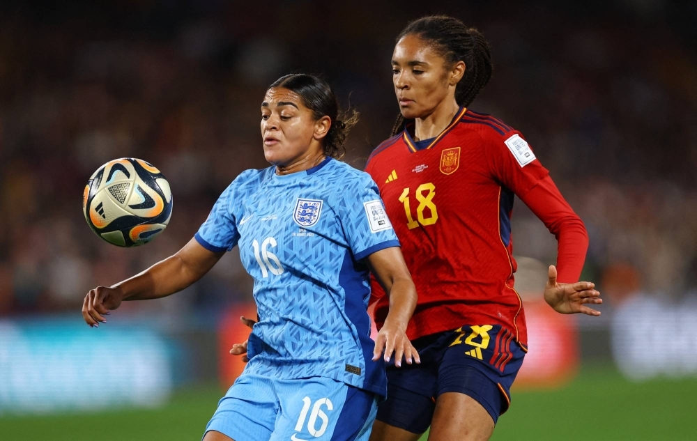 England's Jess Carter in action with Spain's Salma Paralluelo during the Women's World Cup final in Sydney in August 2023