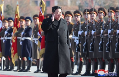 North Korea's leader Kim Jong Un visits the Ministry of National Defense in Pyongyang to mark the 76th founding anniversary of the Korean People's Army on Friday.