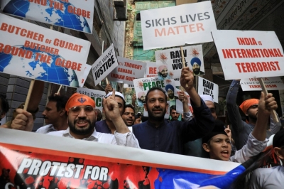 Sikhs in Peshawar, Pakistan, hold a protest on Sept. 20 against the killing of Hardeep Singh Nijjar, a Sikh leader who was murdered months earlier in Surrey, British Columbia, Canada.