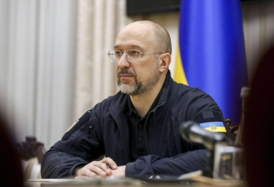  Ukrainian Prime Minister Denys Shmyhal attends an interview on Thursday in Kyiv.  