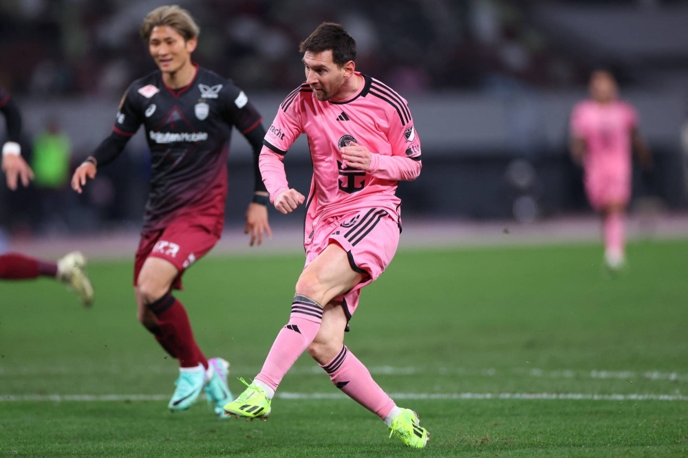 Inter Miami forward Lionel Messi fires toward the Vissel Kobe goal during a friendly at National Stadium in Tokyo on Wednesday. 