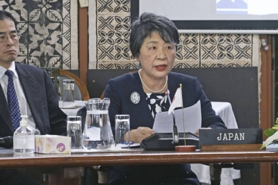 Foreign Minister Yoko Kamikawa speaks during a ministerial meeting with the 18 members of the Pacific Islands Forum held in Suva, Fiji, on Monday.