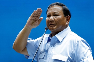 Indonesian Defense Minister and presidential candidate Prabowo Subianto salutes supporters during a campaign rally in Jakarta on Feb. 2. 