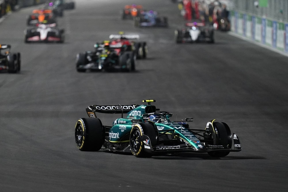 Aston Martin Aramco Cognizant driver Fernando Alonso (front) during the Formula One Las Vegas Grand Prix on Nov. 18