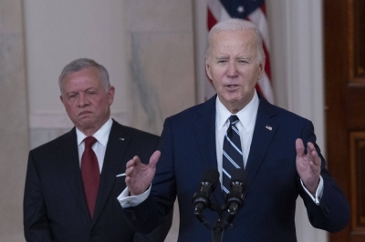 Jordan's King Abdullah II looks on as U.S. President Joe Biden speaks following a meeting in Washington on Monday. Biden said he's pushing for a six-week pause in fighting between Israel and Hamas to allow for the release of hostages, saying those conditions could lay the groundwork for a broader peace.