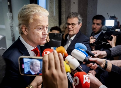 PVV's Geert Wilders addresses the media at The Hague on Feb. 7.
