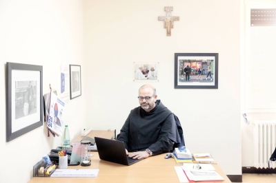 Paolo Benanti, a Franciscan friar and a professor at the Gregorian, the Harvard of Rome's pontifical universities, in his office at the university in Rome on Jan. 29. Benanti advises the Vatican and the Italian government on navigating the tricky questions — moral and otherwise — raised by artificial intelligence. 