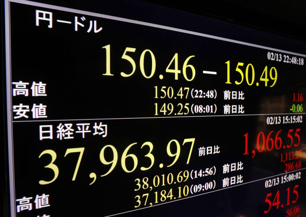 A monitor in Tokyo shows the yen weakening past ¥150 per dollar late Tuesday night.