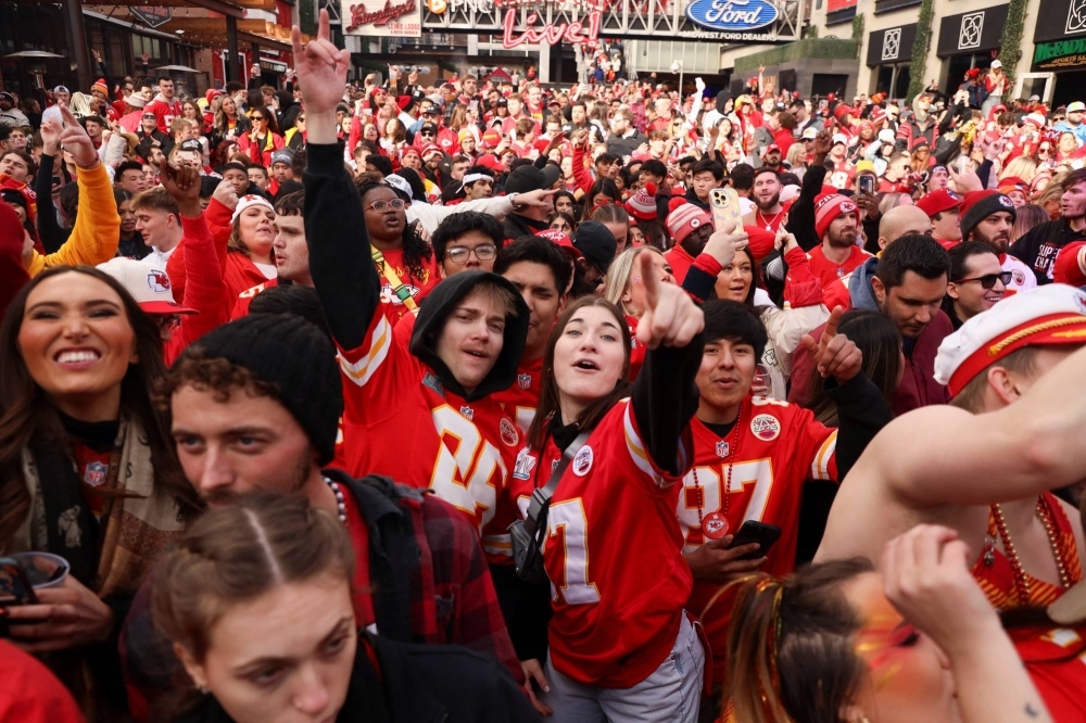 Chiefs fans gather in Kansas City, Missouri, prior to the start of the Super Bowl on Sunday. 