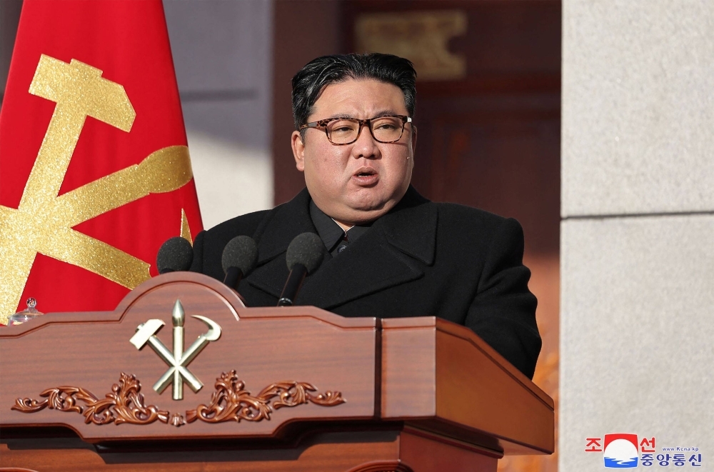 North Korean leader Kim Jong Un delivers a speech at the Defense Ministry in Pyongyang on Feb. 8, the 76th founding anniversary of the Korean People's Army. 