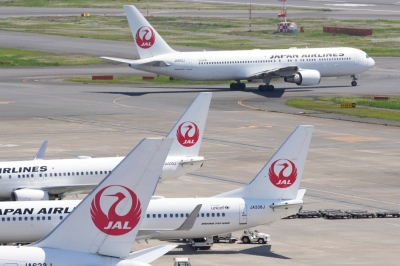 A Japan Airlines passenger aircraft at Haneda Airport in Tokyo