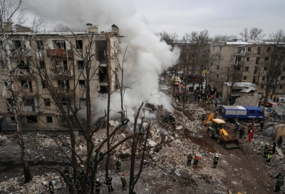 Rescuers work at a site of a residential building heavily damaged during a Russian missile attack in Kharkiv, Ukraine, on Jan. 23.