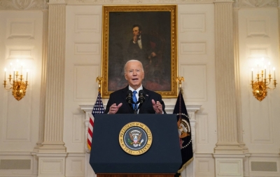 U.S. President Joe Biden speaks about the aid package for Ukraine, from the State Dining Room of the White House in Washington on Tuesday.