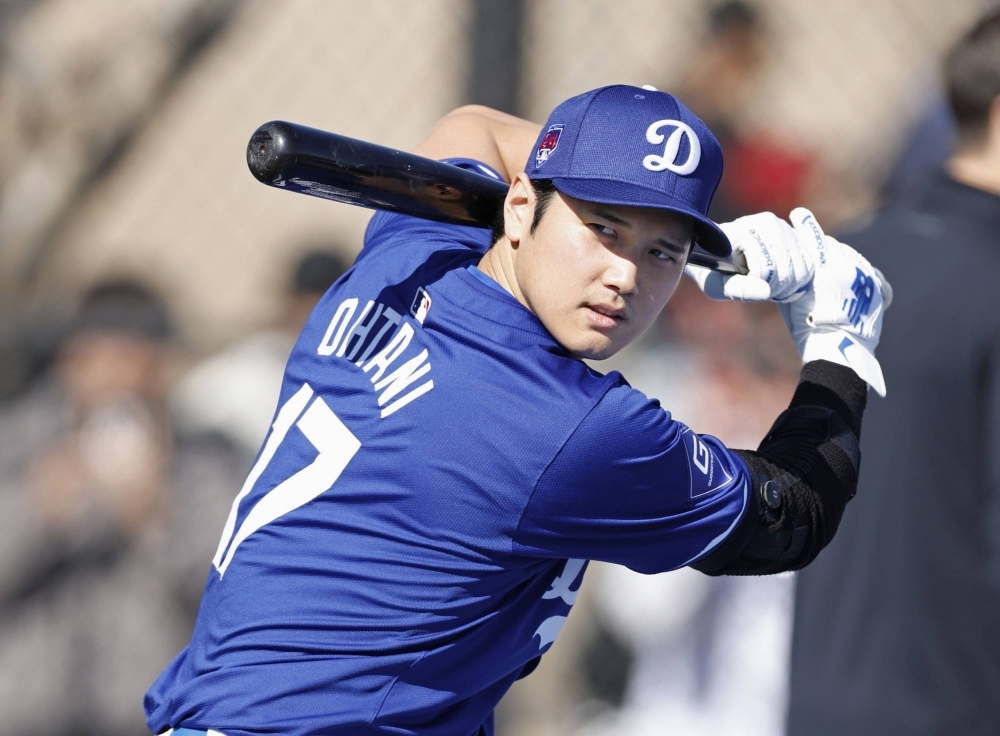 Shohei Ohtani practices with the Dodgers at the team's spring training base in Glendale, Arizona, on Wednesday.