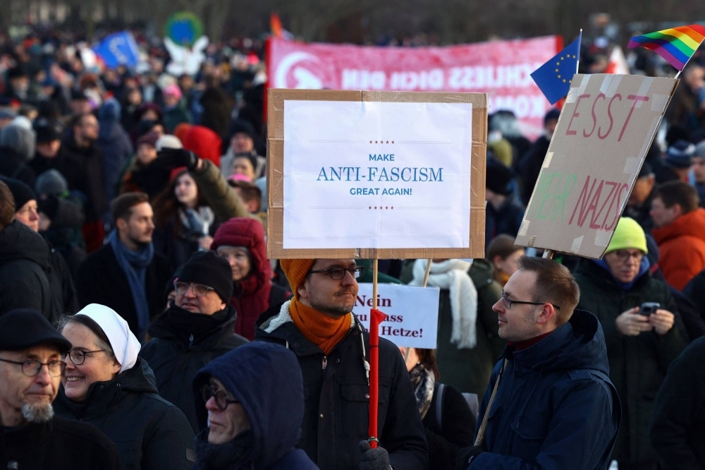 A demonstration against racism and far-right groups, including the Alternative for Germany party, is held in Berlin on Jan. 21.