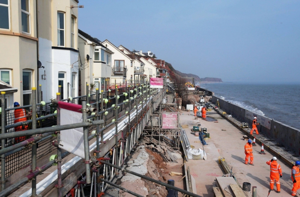 Repairs on the Exeter to Plymouth railway line due to parts of it being washed away by the sea during storms in Devon, U.K., in March 2014