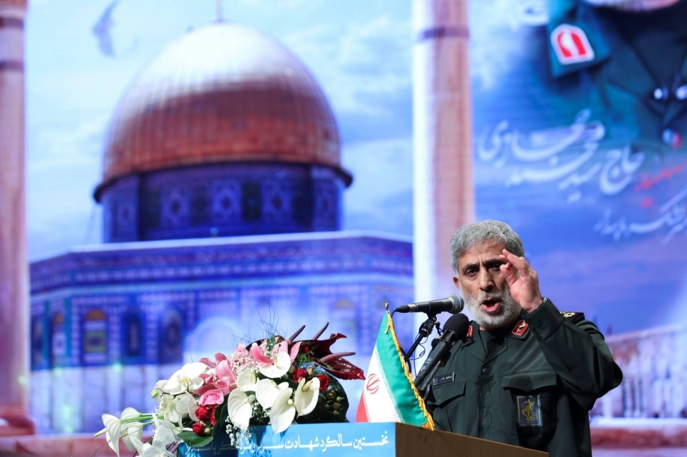 Brig. Gen. Esmail Qaani, the head of Iran's Revolutionary Guards' Quds Force, speaks during a ceremony marking the anniversary of the death of senior Iranian military commander Mohammad Hejazi, in Tehran, on April 14, 2022.