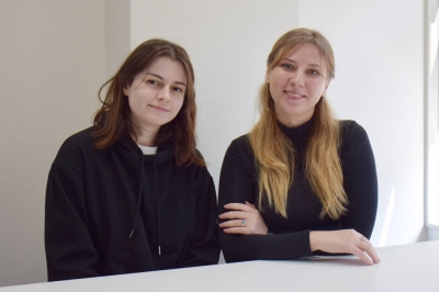 Anastasiia Pelykh (left) and Daria Datsenko talk about their lives in Japan after evacuating from Ukraine during an interview in Kyoto earlier this month.
