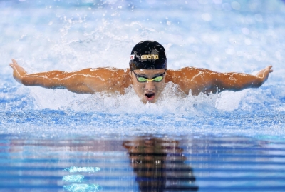 Daiya Seto swims butterfly in the men's 400-meter individual medley final at the world aquatics championships in Doha on Sunday.